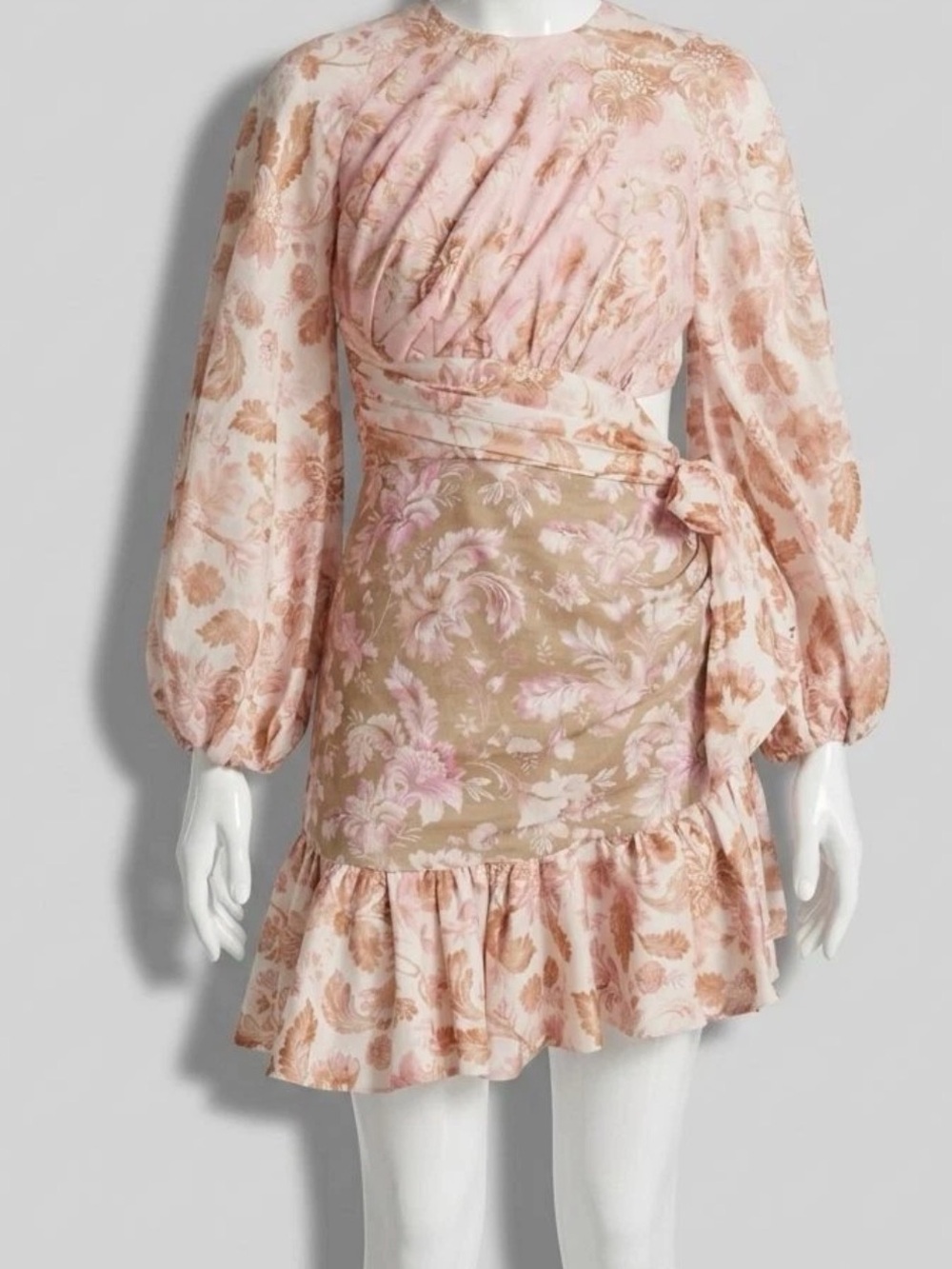 Zimmermann Pink and Tan Floral Long-Sleeve Wrap Mini Dress